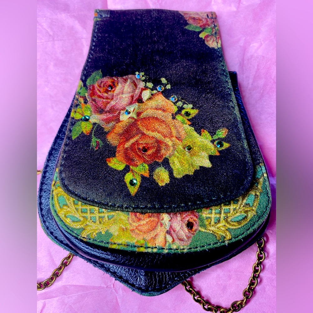 Michal Negrin Small VINTAGE CROSS BODY / BELT Black and Green floral Bag